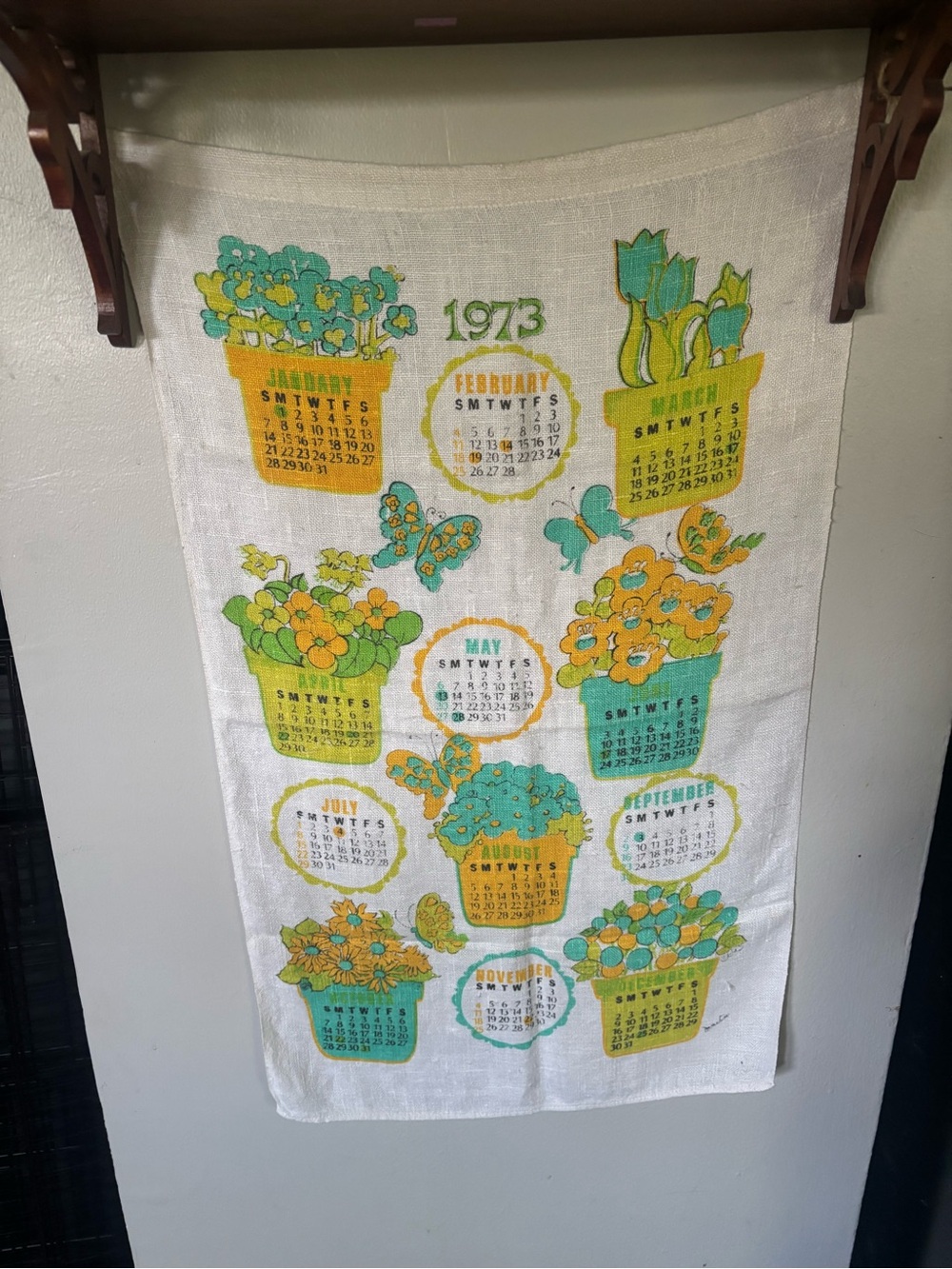 Vintage 1973 Floral Calendar Kitchen Towel - Yellow & Teal